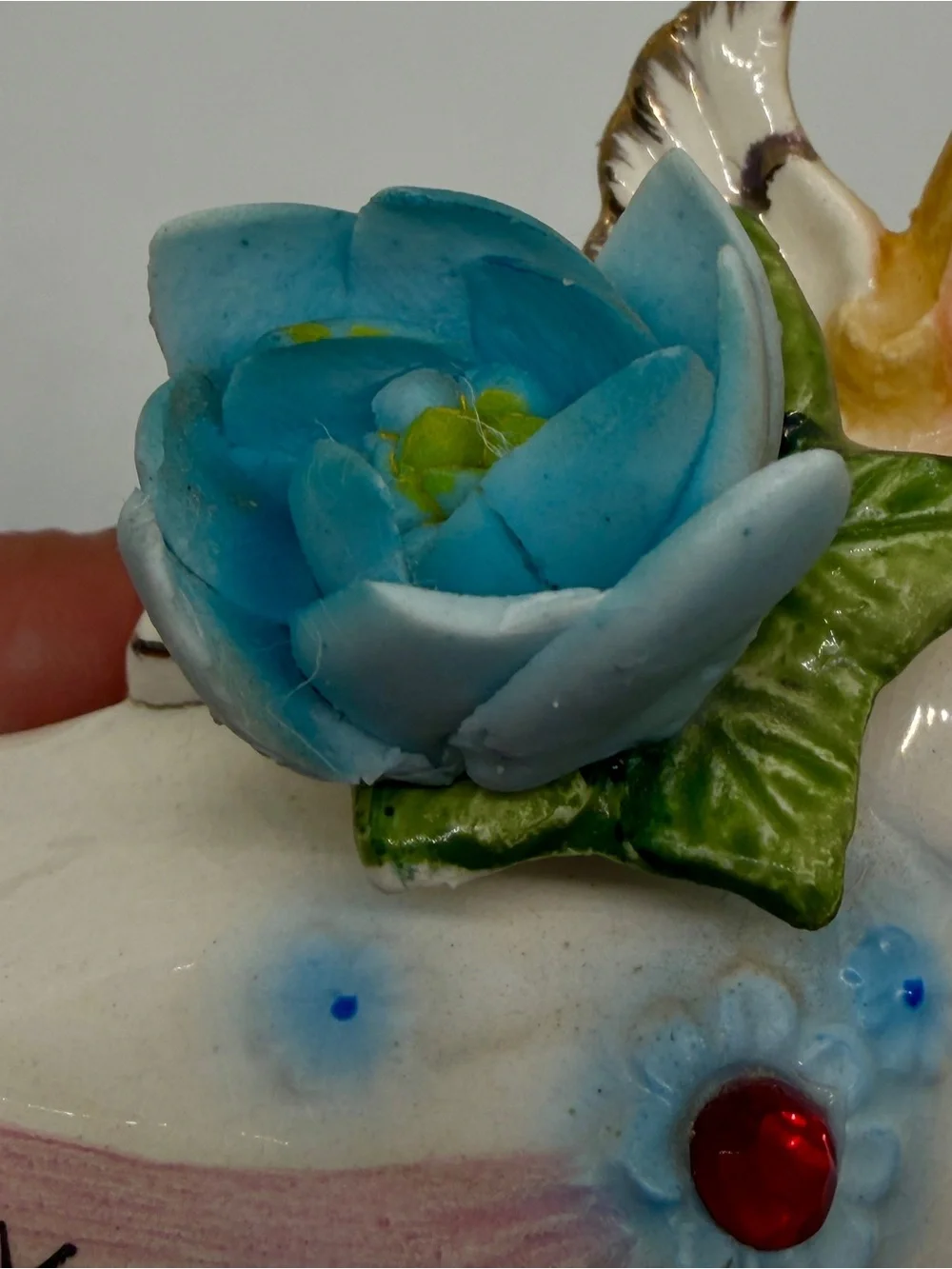 Vintage Lefton July Angel Birthstone Red Jewel Japan #6224 Blue Flower Flaws